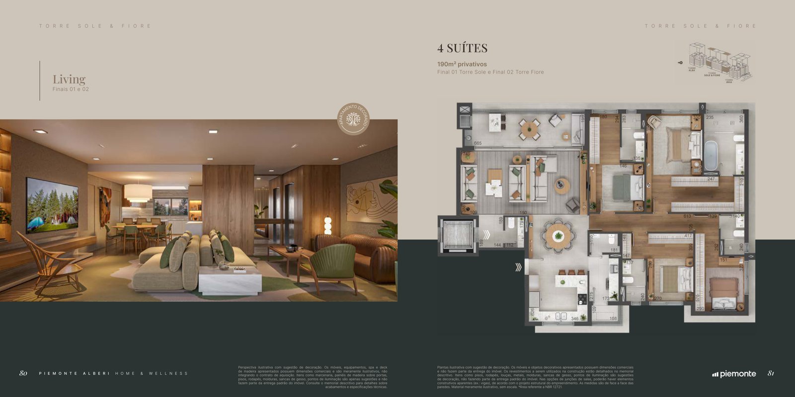Planta Humanizada Apartamento Tipo 4 Suítes 190m² a 191m² Piemonte Alberi