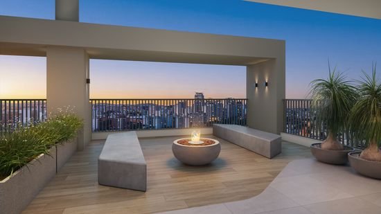 Fireplace e praça de fogo no Rooftop do Cena Passeio