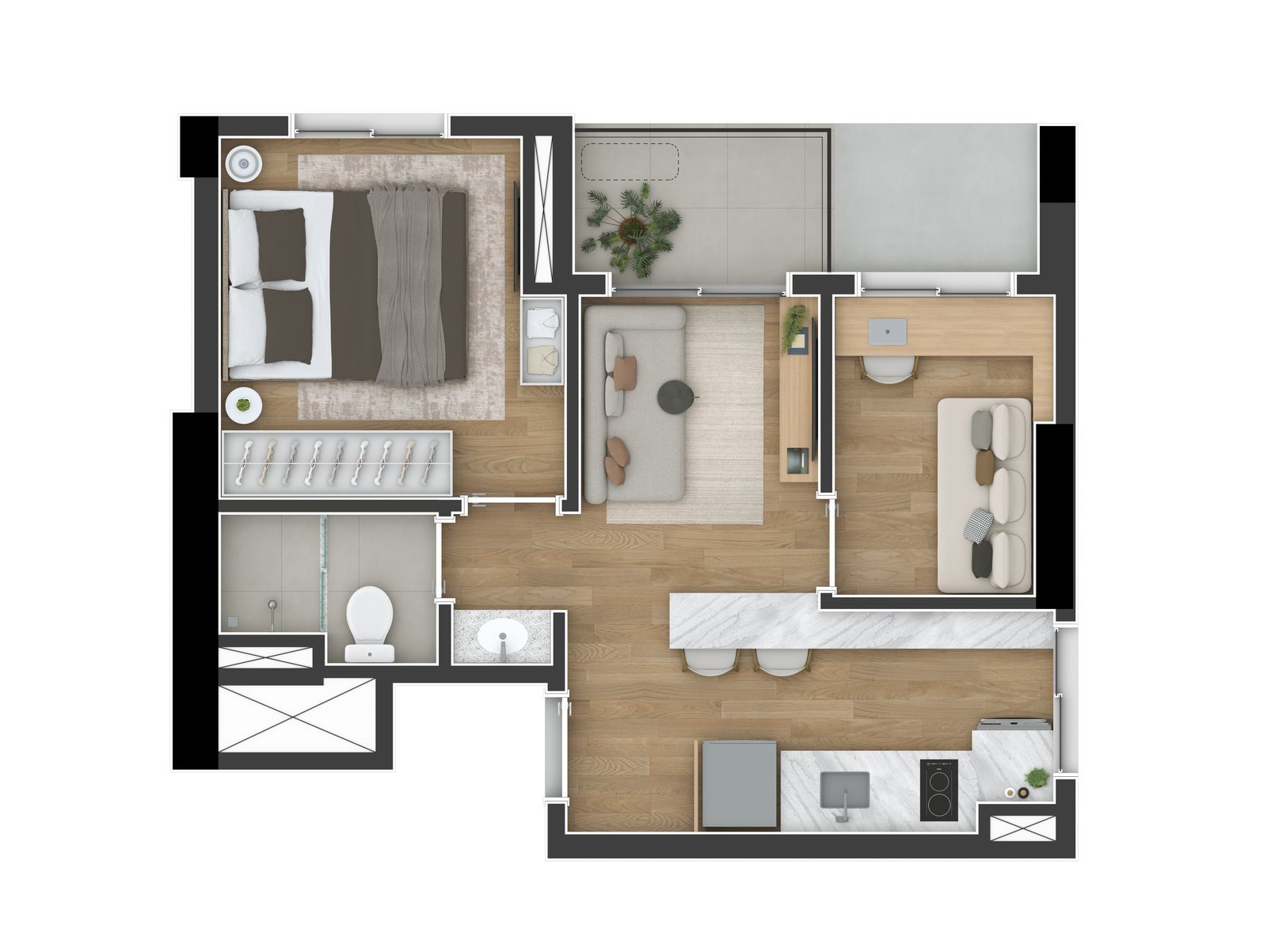 Planta Humanizada 1 Quarto + Home Office 34m² Cena Passeio Curitiba