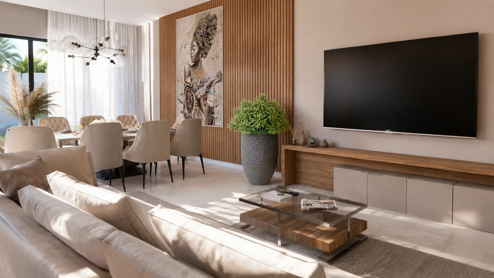 Living integrado com sala de estar e jantar em conceito aberto no Grand Pallazo III