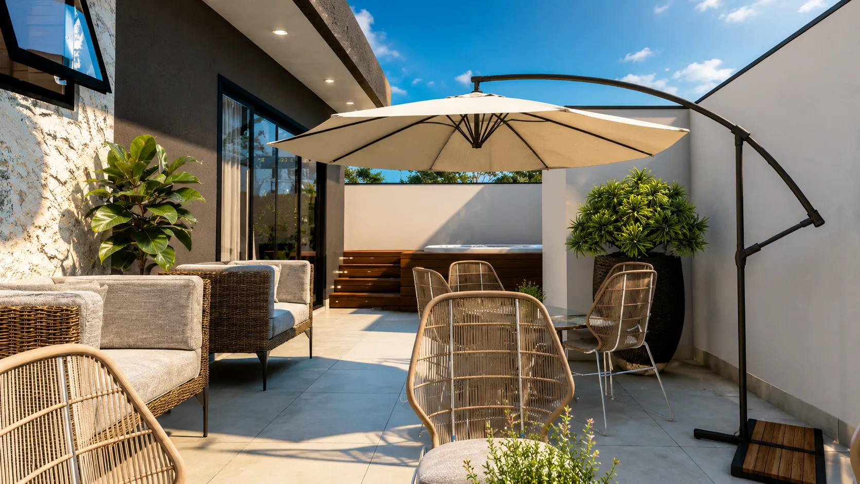 Terraço rooftop descoberto com SPA jacuzzi privativo e espreguiçadeiras