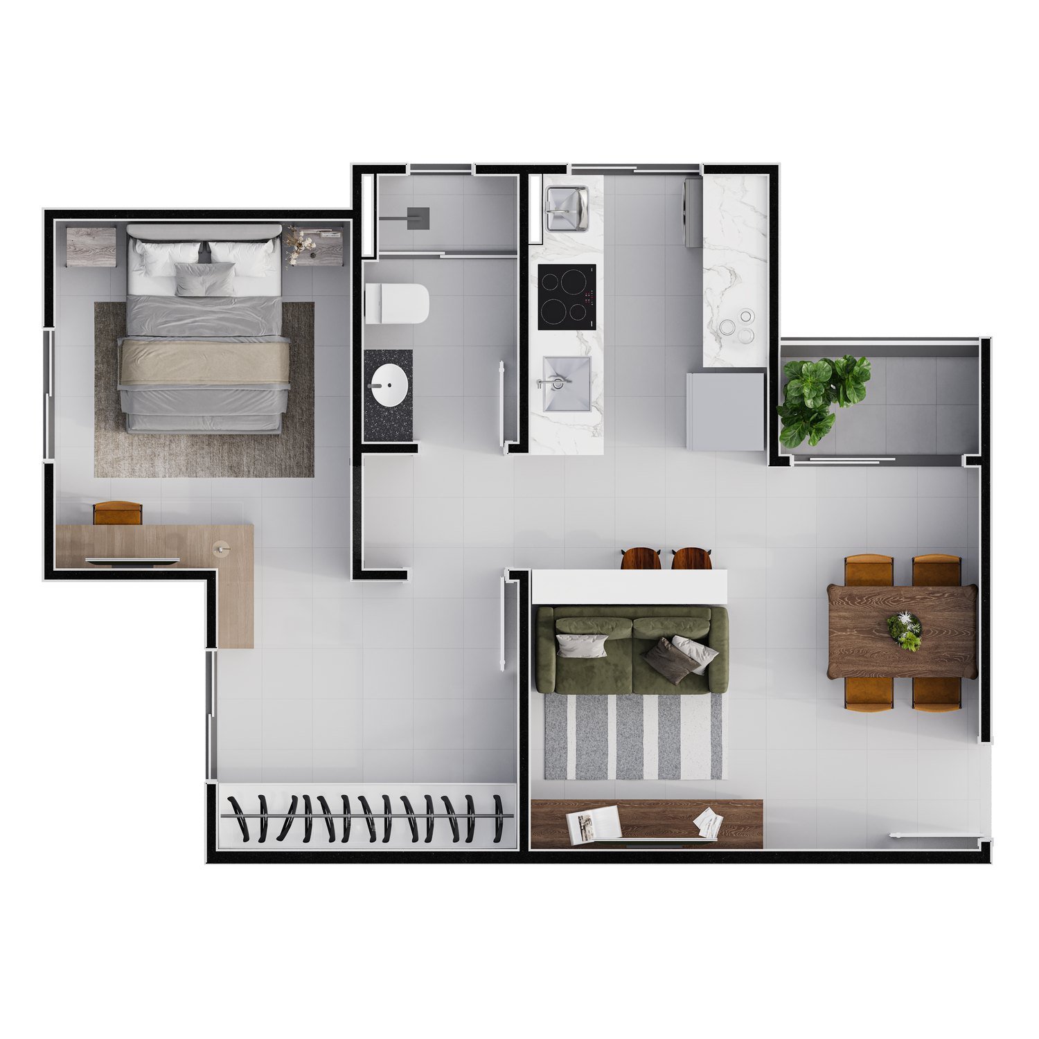 Planta de 1 quarto com living ampliado de 44,72 m² no Condomínio Ilhas Gregas II