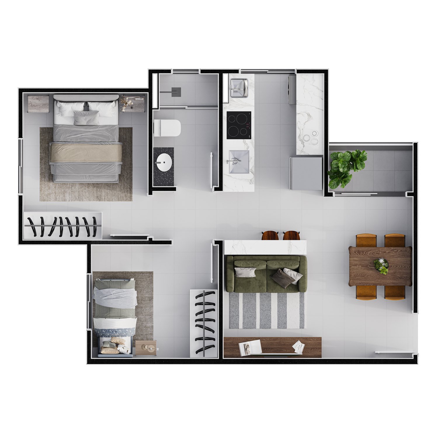 Planta baixa do apartamento de 44,72 m² com sugestão de 2 quartos no Condomínio Ilhas Gregas II