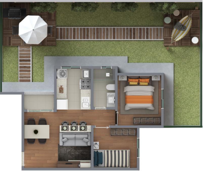 Planta dos apartamentos Garden térreos com jardim descoberto no Condomínio Ilhas Gregas II