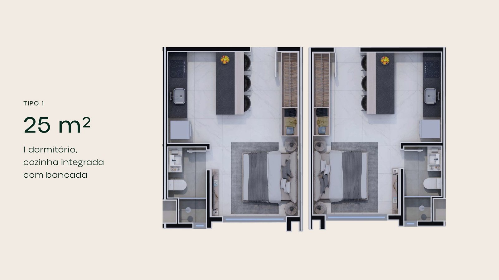 Planta Studio Tipo 1 - 25m² privativos no Mônaco Residence