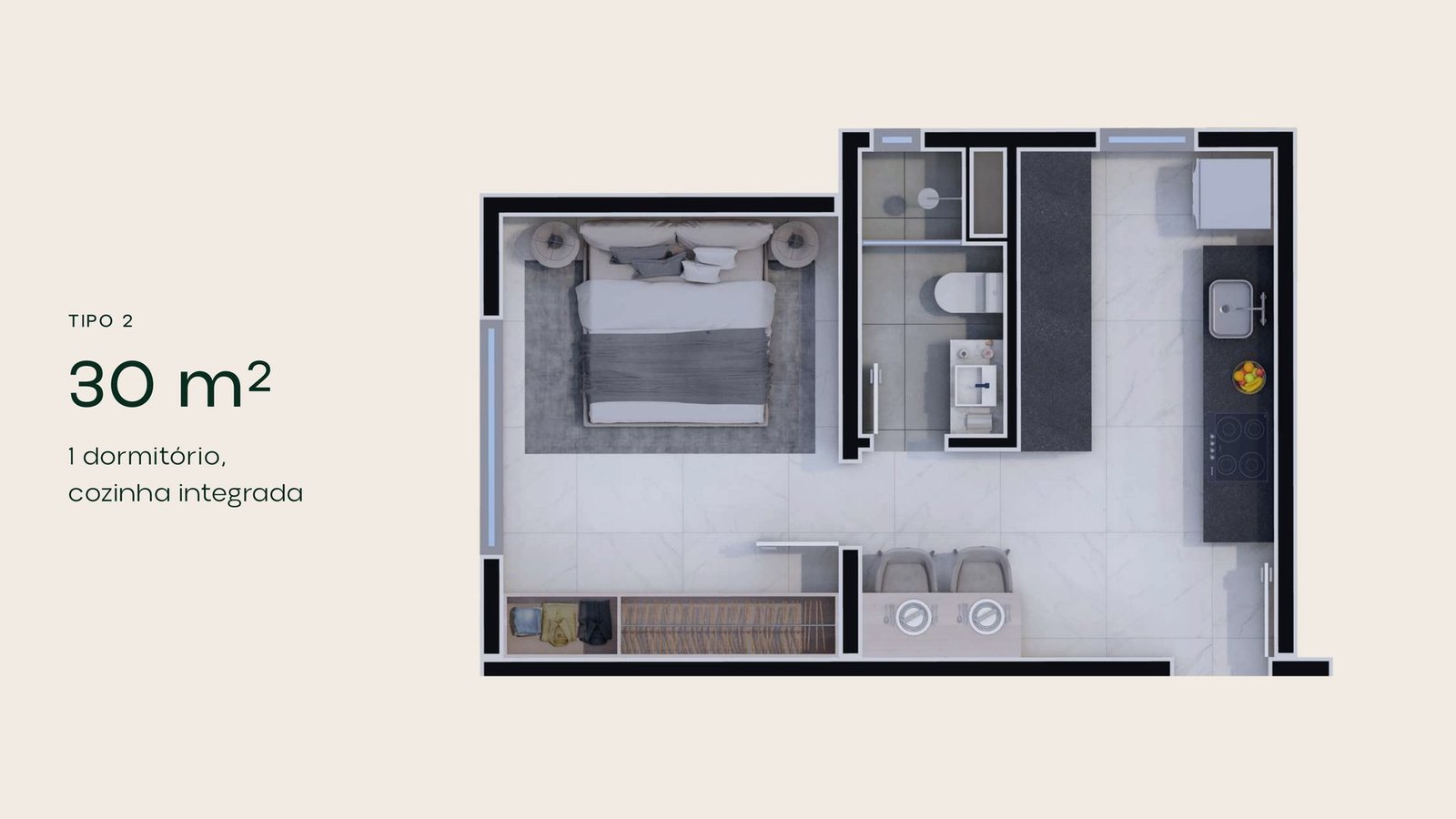Planta Studio Tipo 2 - 30m² privativos no Mônaco Residence