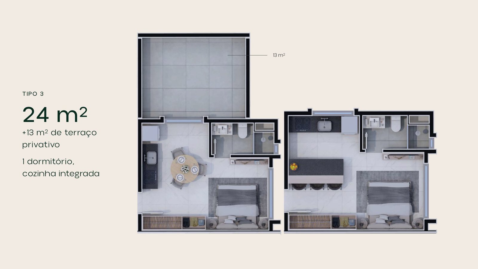 Planta Studio Tipo 3 com Terraço Privativo no Mônaco Residence